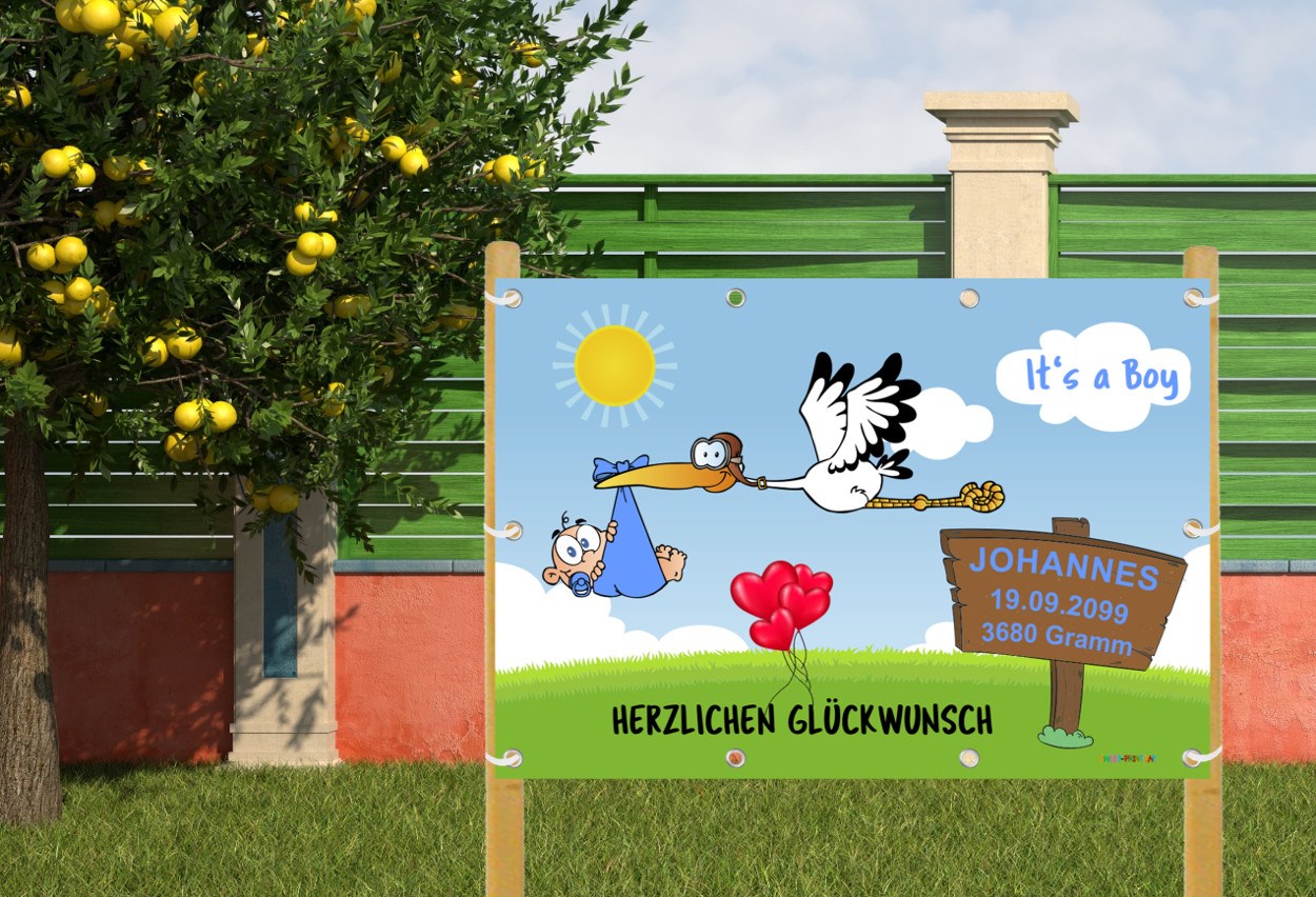 Banner zur Geburt mit Baby und Storch montiert auf 2 Holzstaffeln
