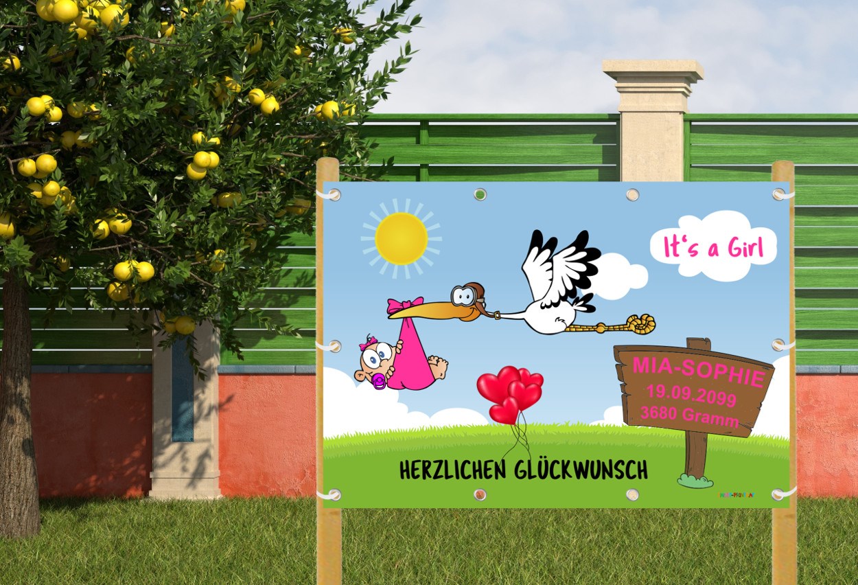 Banner zur Geburt mit Baby und Storch montiert auf 2 Holzstaffeln