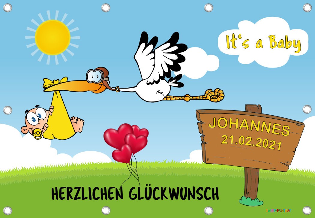 Baby-Storch Banner Neutral MIT individueller  Beschriftung