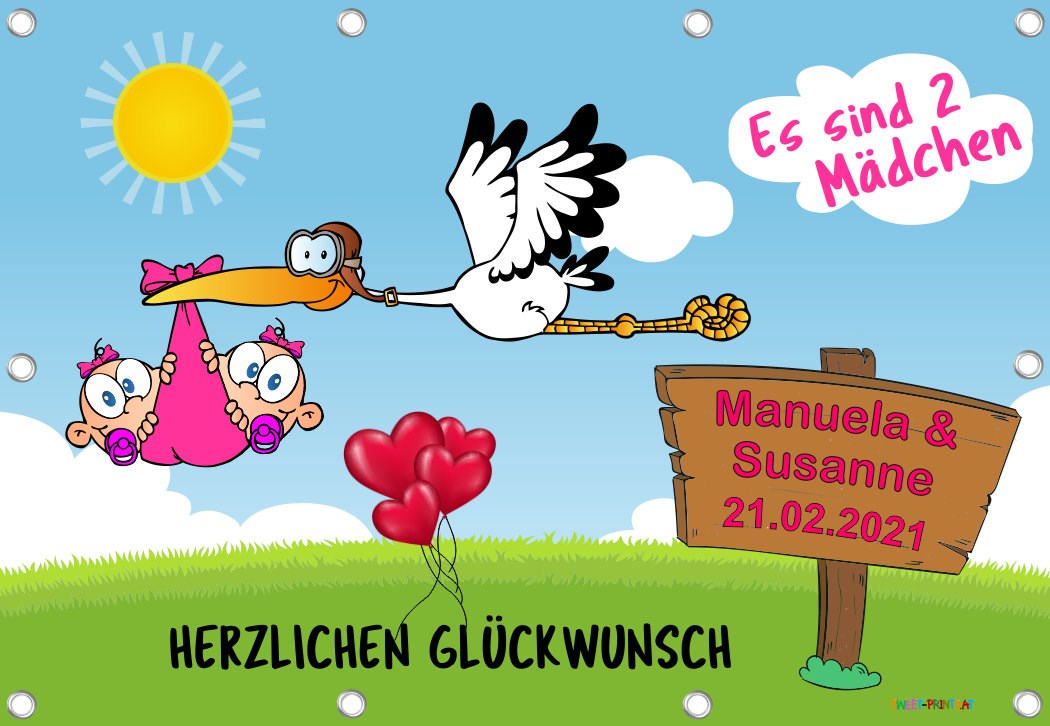 Baby-Storch Banner für Zwillinge (2 Mädchen)