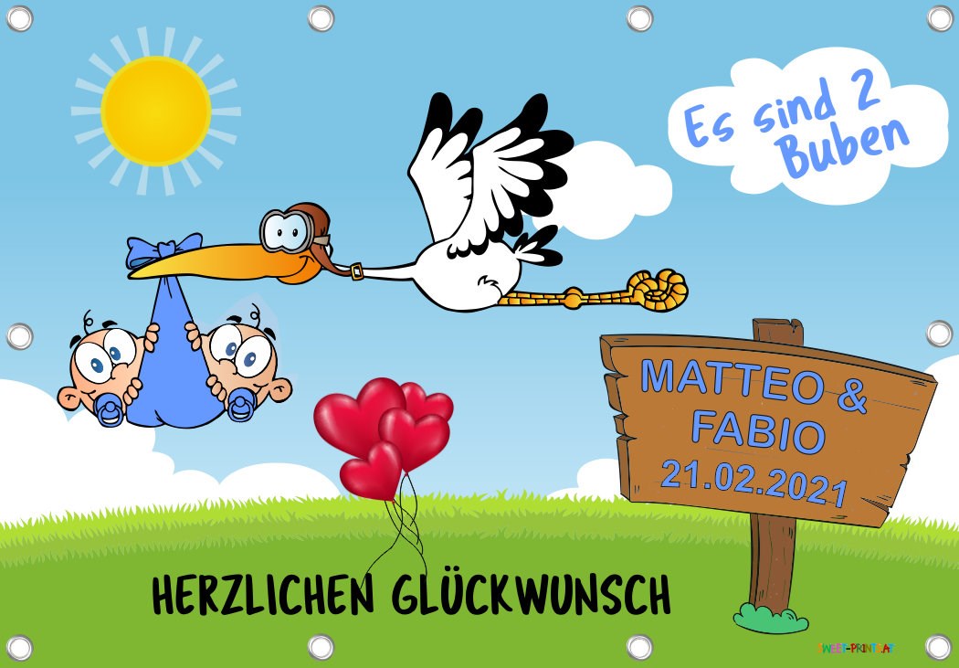 Baby-Storch Banner für Zwillinge (2 Jungs)