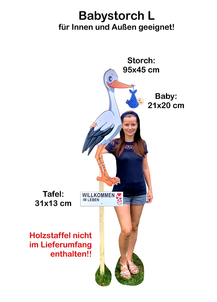 Baby Storch aus Holz in Größe L mit blauem Baby