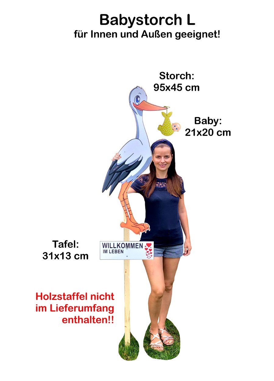 Baby Storch aus Holz in Größe L mit gelbem Baby