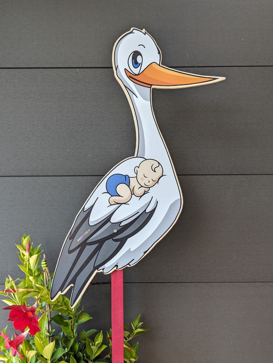 Holzstorch zur Geburt Junge BLAU