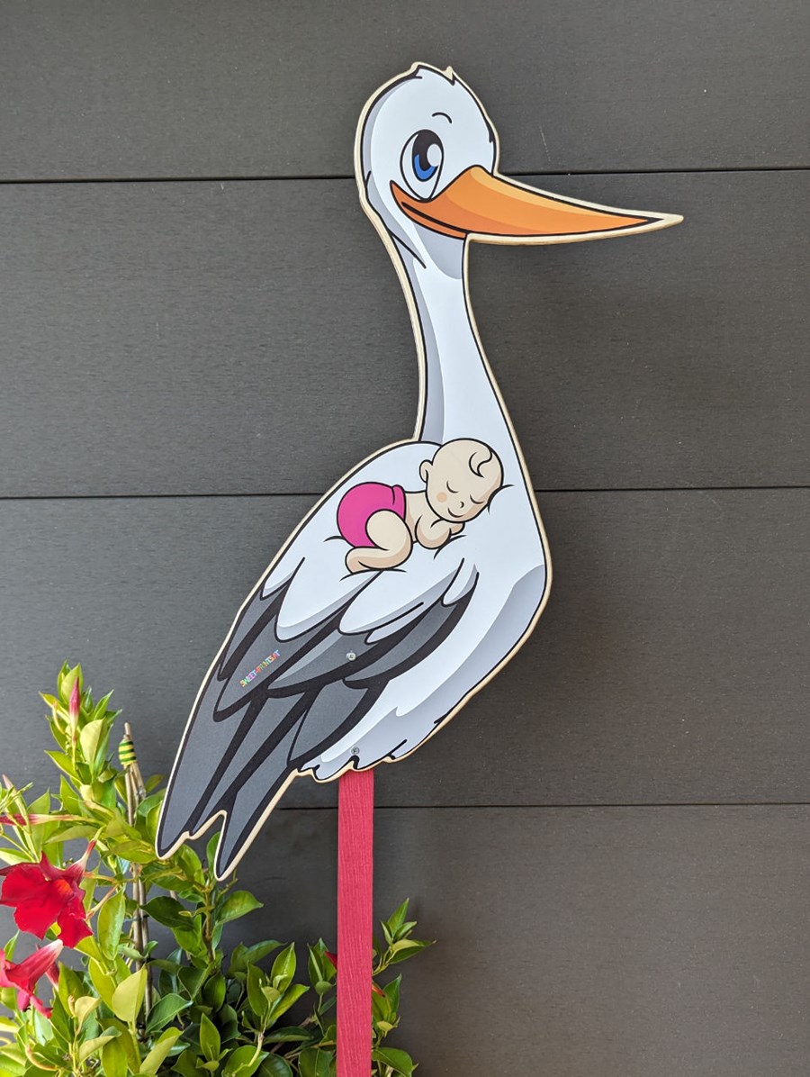 Holzstorch zur Geburt Mädchen ROSA