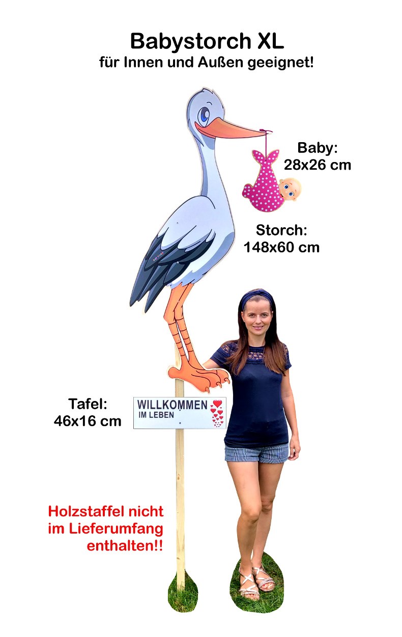 XL Baby-Storch zur Geburt aus Holz mit rosa Baby