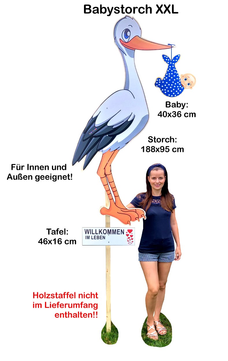 Baby-Holz-Storch zur Geburt XXL mit blauem Baby
