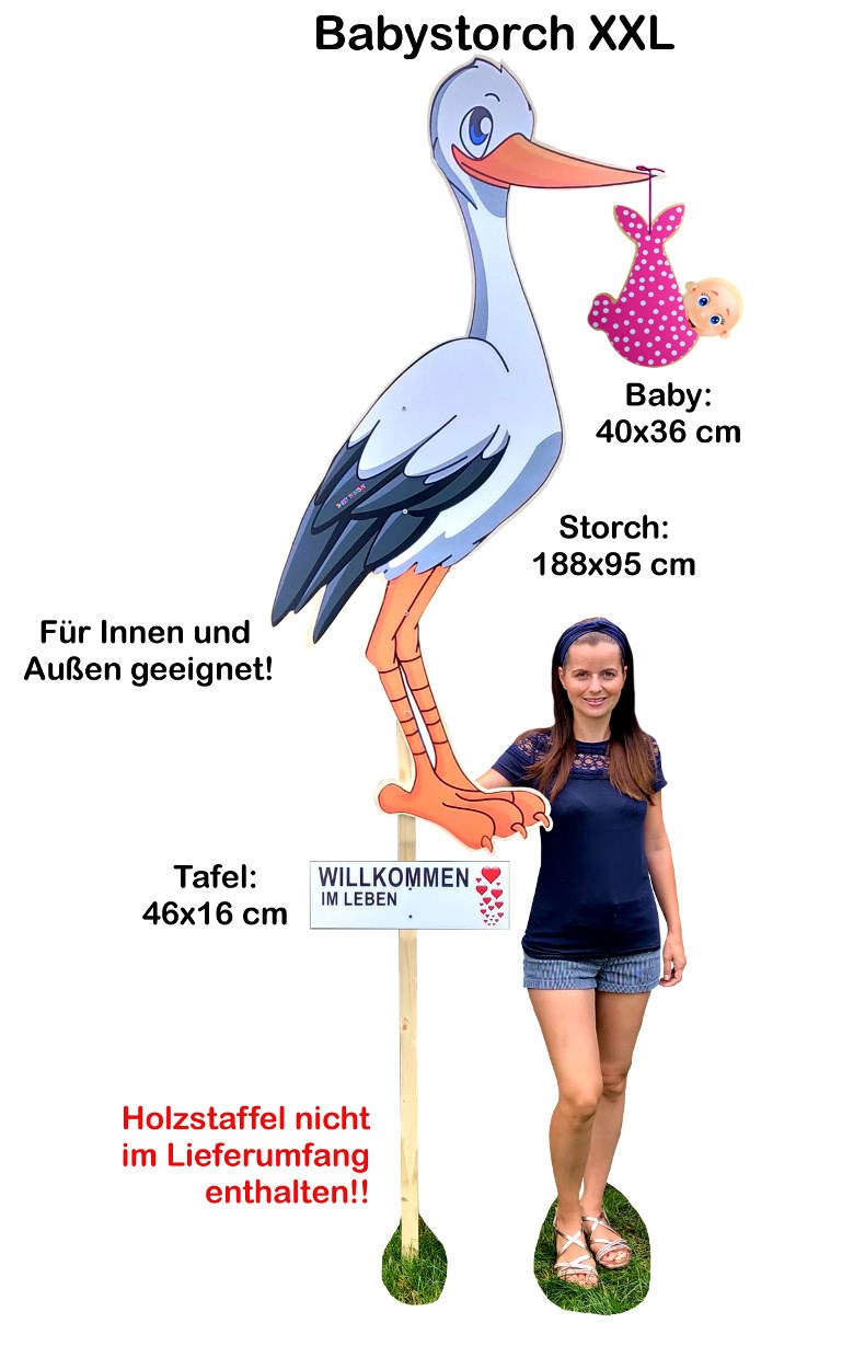 Baby-Holz-Storch zur Geburt XXL mit rosa Baby 
